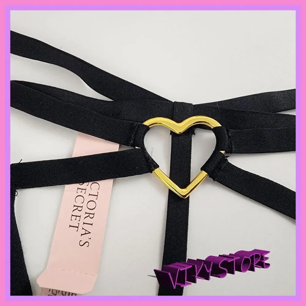 💕 NWT Victoria’s Secret Very Sexy Black Strappy Gold Heart Small #7284 💕